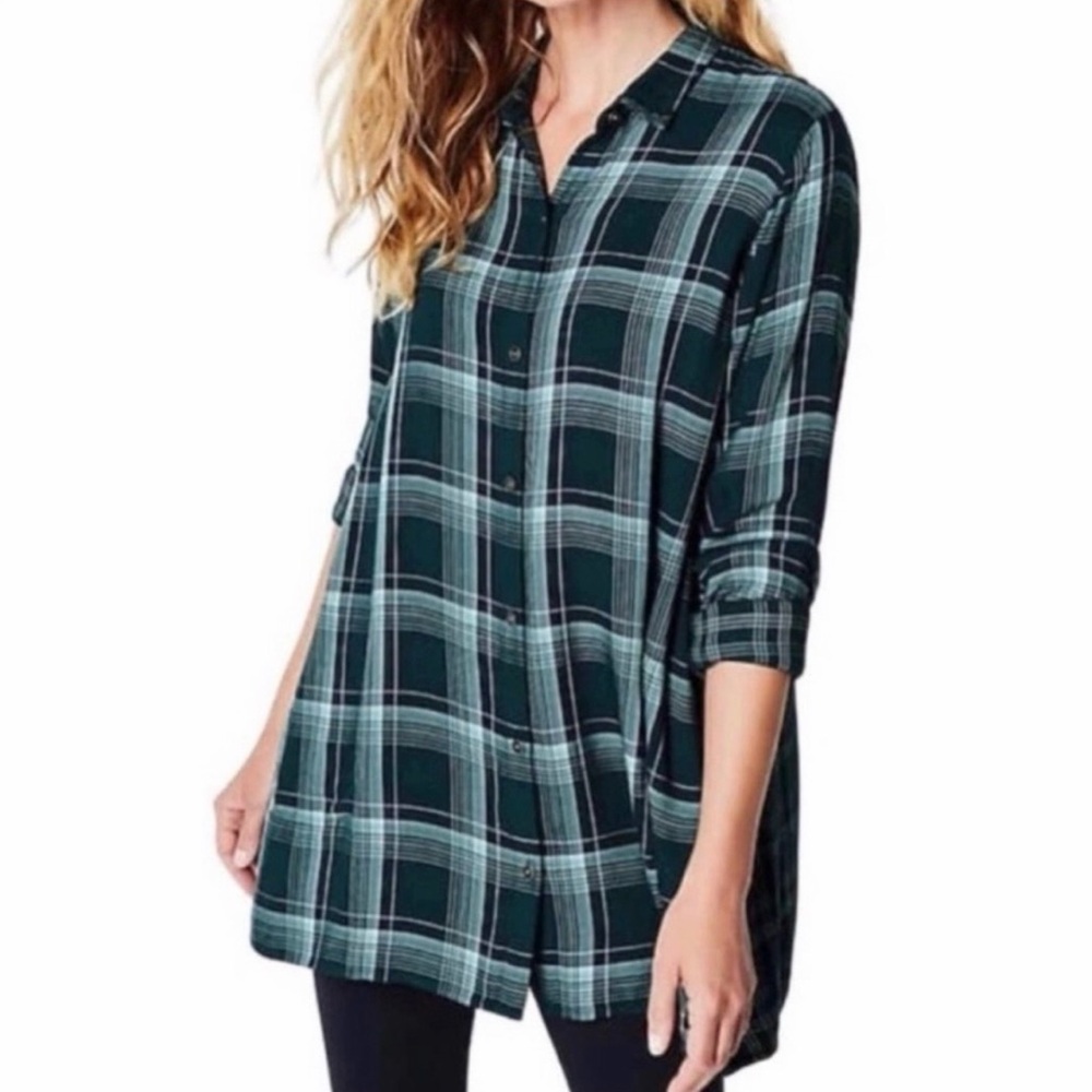 J. Jill XXXXL Green Mixed Plaid Double Cloth Tunic Button Up Shirt Pockets 4x